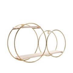 2 Tier Gold Natural Round Metal with Wood Geometric Floating Shelf Decorations