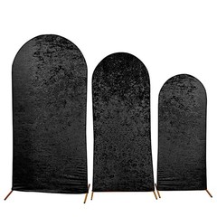 3 BLACK Crushed Velvet Round Top Wedding Arch Backdrop STAND COVERS Set Party