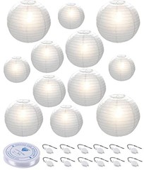 12pcs White Paper Lanterns with LED Lights Assorted Sizes Hanging Party Decor