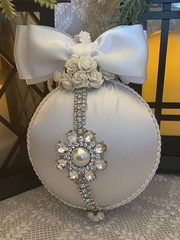 White Satin Wedding Keepsake-White Bows,Rhinestone Trim,Roses,Rhinestone Button