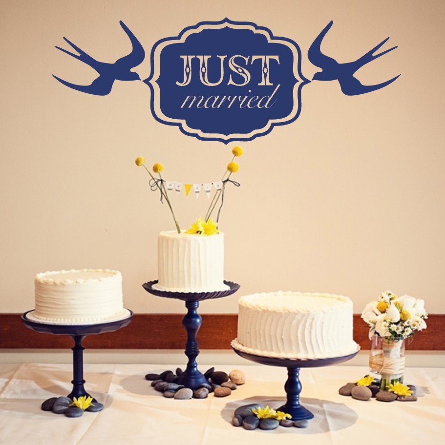 Just Married with Doves Wedding Wall Decor Vinyl Sticker Decal 22″h x 58″w