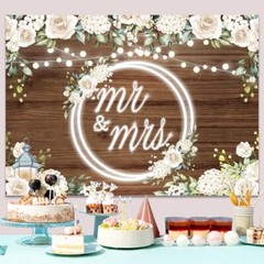 Mr and Mrs Backdrop White Rose Floral Wooden Wall Glitter Lights 7x5Ft S4