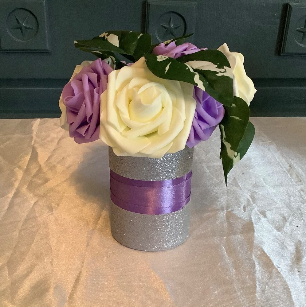 Rose centerpiece embellished with satin and glitter ribbon…you pick colors