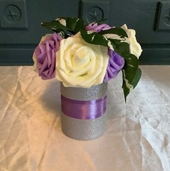 Rose centerpiece embellished with satin and glitter ribbon…you pick colors