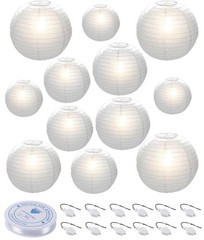 12pcs White Paper Lanterns with LED Lights Assorted Sizes Hanging Party Decor