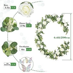6 Ft White Flower Garland with 3D Butterfly, Artificial White Rose a