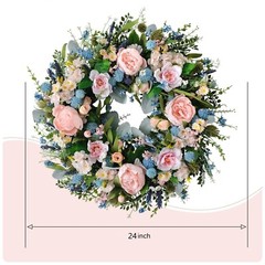 Pink Peony Front Door Wreath 24-inch Spring Flower Blue Wreath Indoor Outdoor…