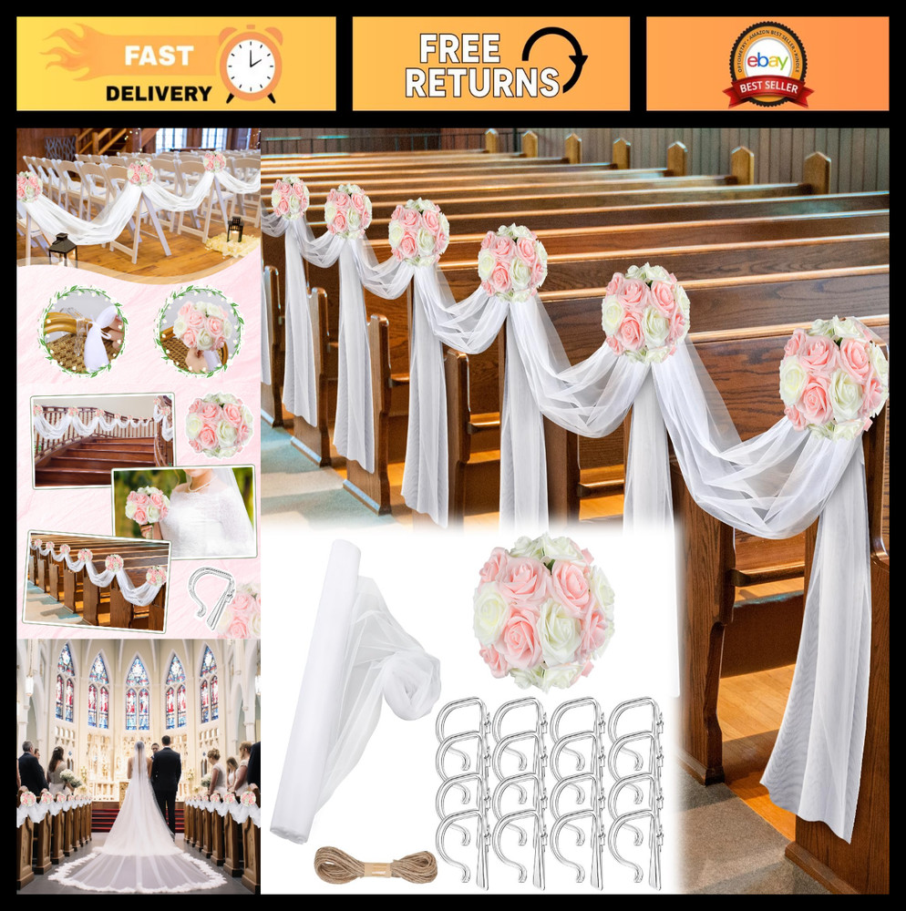 34 Pcs Wedding Aisle Pew Decor – Tulle Silk Hydrangea Flowers, White & Pink, Cer