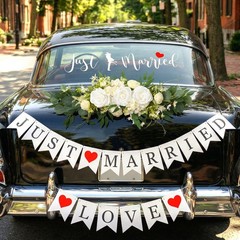 Just Married Car Decorations Kit – Floral Swag, Love Sign Banner & Window Decals