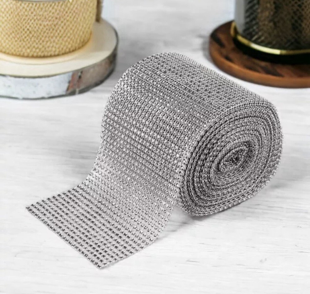 4.75″x10 YARDS SILVER DIAMOND MESH WRAP ROLL SPARKLE RHINESTONE CRYSTAL RIBBON