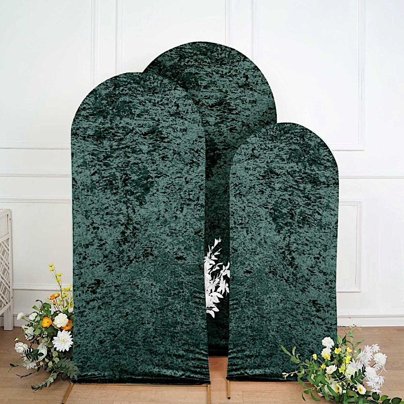 3 HUNTER GREEN Crushed Velvet Round Top Wedding Arch Backdrop STAND COVERS Set