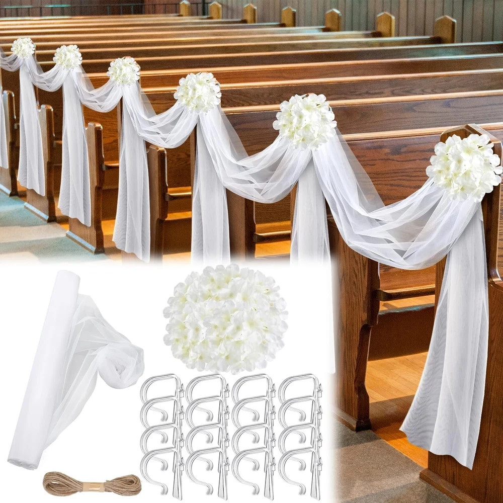 34 Pcs Church Pew Wedding Decorations White Fabric Tulle Silk Hydrangea Pew C…