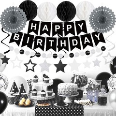 69Pcs Birthday Decorations Black Happy Birthday Banner Balloons Paper Fans Ho…