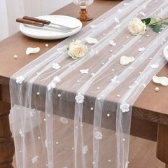 3 Pcs Table Runner 10ft/ 29 x 120 Inch Embroidery Tulle Fabric White Pearl