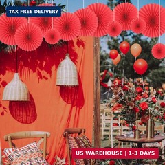 Red Party Hanging Fans DIY Set – 12pcs Pinwheels & Flowers for Weddings, Bir