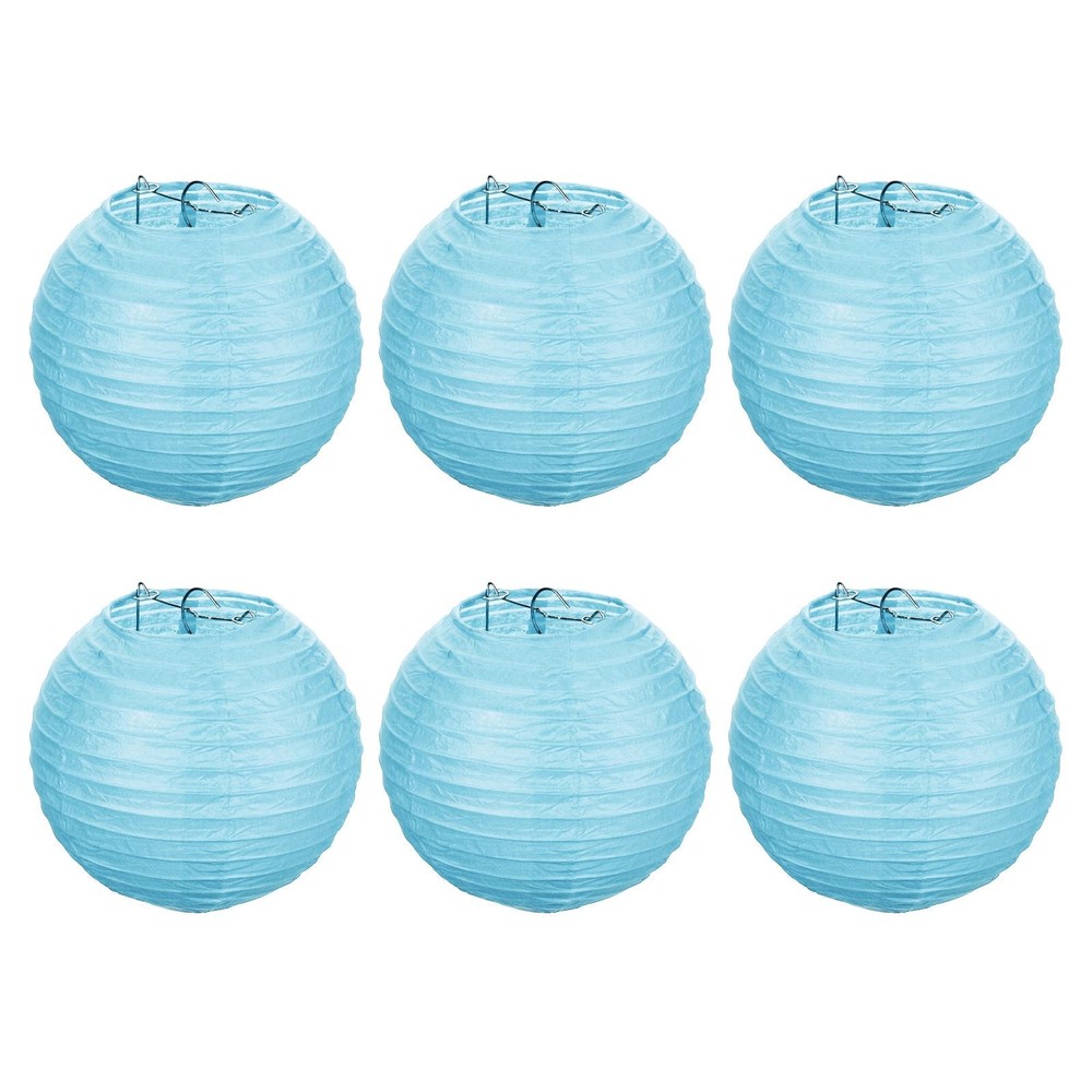 6pcs 6 Inch Folding Hanging Paper Lanterns Small Lampshade Light Blue