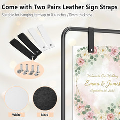 Wedding Welcome Sign Stand, Black Easel | Leather Sign Hanging Straps, Linen Sig