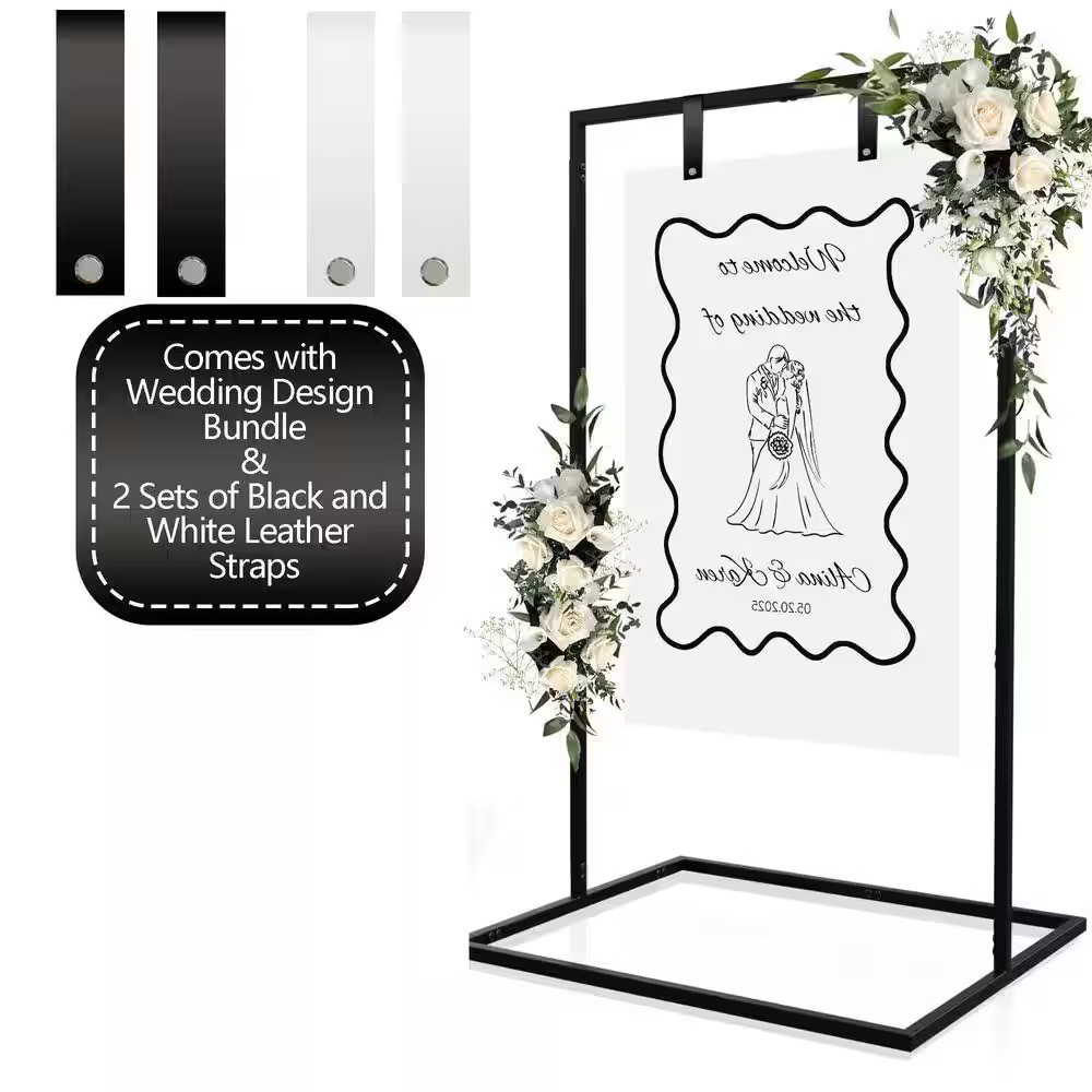 Black Wedding Sign Decorative Stand with Full-Grain Leather Straps and Design Bu