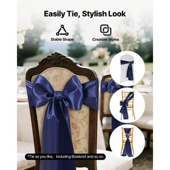50-Pcs Satin Chair Sashes Bows Cover, 7 X 108 In. Navy Blue Ribbon Ties, Wedding