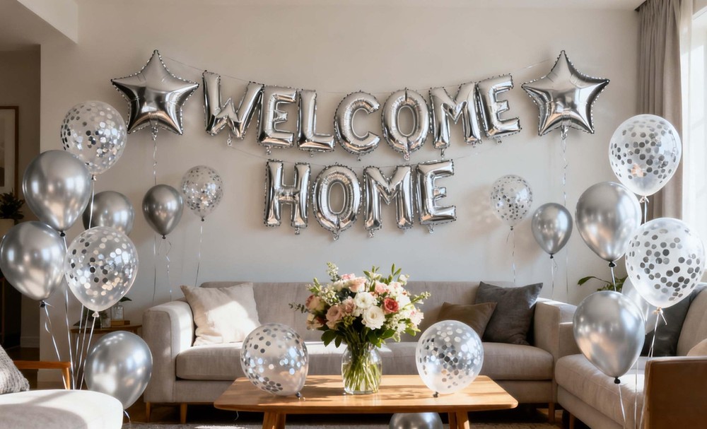 Welcome Home Letter Balloon Silver Banner with Star Confetti Balloons for Arm…