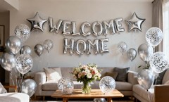 Welcome Home Letter Balloon Silver Banner with Star Confetti Balloons for Arm…