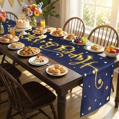 Deep Blue Gold Happy Birthday Table Runner, 72×13 in Confetti Happy Birthday