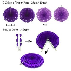 Party Decoration, 21 Pcs and Lavender Hanging Paper Fans, Pom Poms Purple