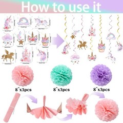 Unicorn Birthday Decorations, Happy Birthday Banner,9pcs Tissue Paper Pom Pom…