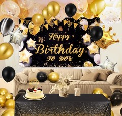 Gold and Black Birthday Decorations – Happy Banner, Balloons Arch Garland for…