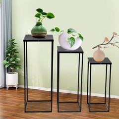 3Pc Black Metal Square Plant Stands Set Tiered Display 20×20×50–26×26×70 cm