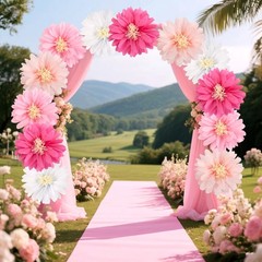 Daisy Tissue Paper Pom Poms, Wildflower Party Decorations, 14 inches, pink