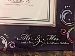 MR & MRS LOVE; BLACK MIRRORED GLASS PHOTO FRAME Ornate SILVER SCRIPT Graphic ART