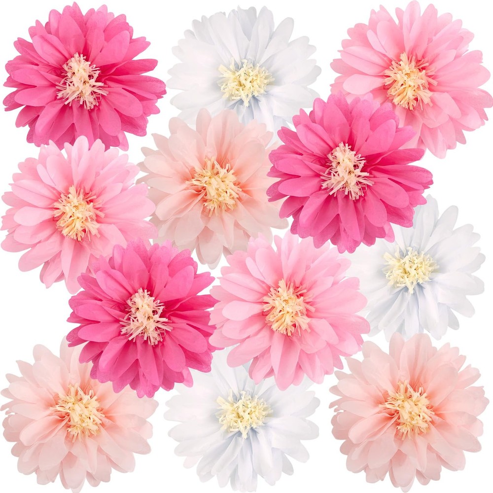 Daisy Tissue Paper Pom Poms, Wildflower Party Decorations, 14 inches, pink