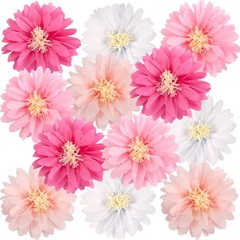 Daisy Tissue Paper Pom Poms, Wildflower Party Decorations, 14 inches, pink