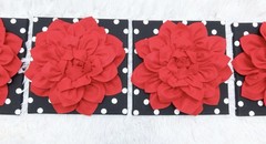 3D Red Flower Wall Decor Set Black White Polka Dot Canvas Art Glam Boutique 4pc