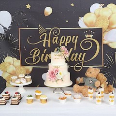 6×3 ft Black Gold Printed Polyester Photo Backdrop Happy Birthday Banner Party