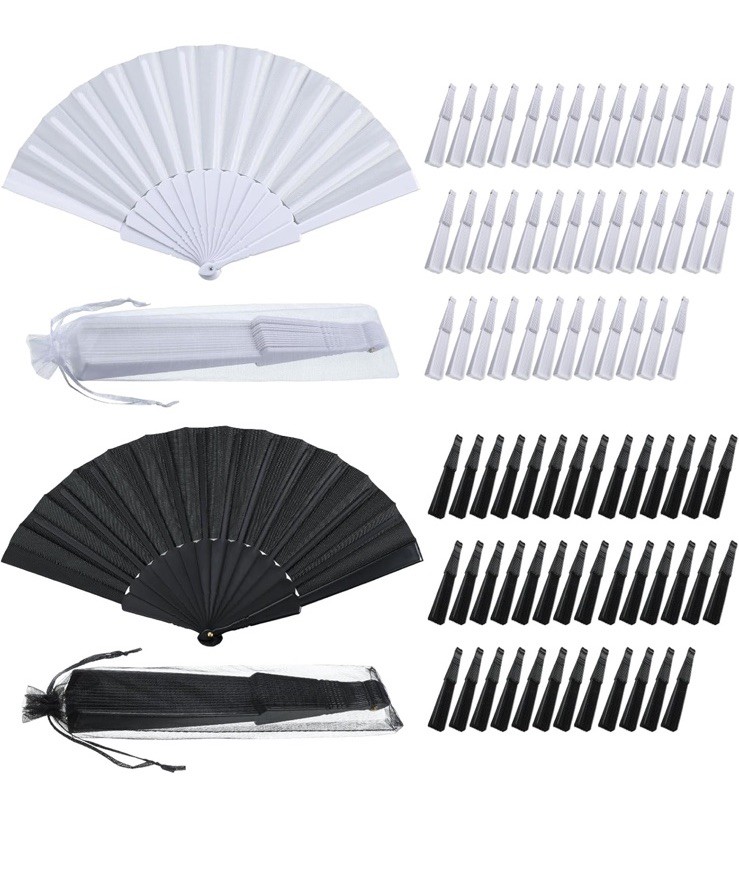 80 Pcs -40 Black/ 40 White Wedding Folding Hand Fans Bulk Silk Fabric Chinese