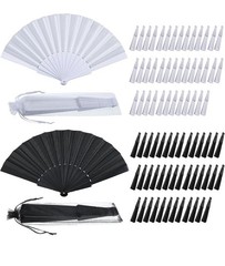 80 Pcs -40 Black/ 40 White Wedding Folding Hand Fans Bulk Silk Fabric Chinese