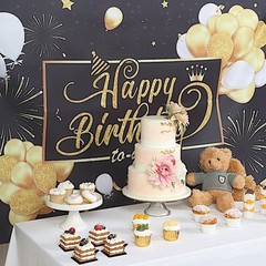 6×3 ft Black Gold Printed Polyester Photo Backdrop Happy Birthday Banner Party
