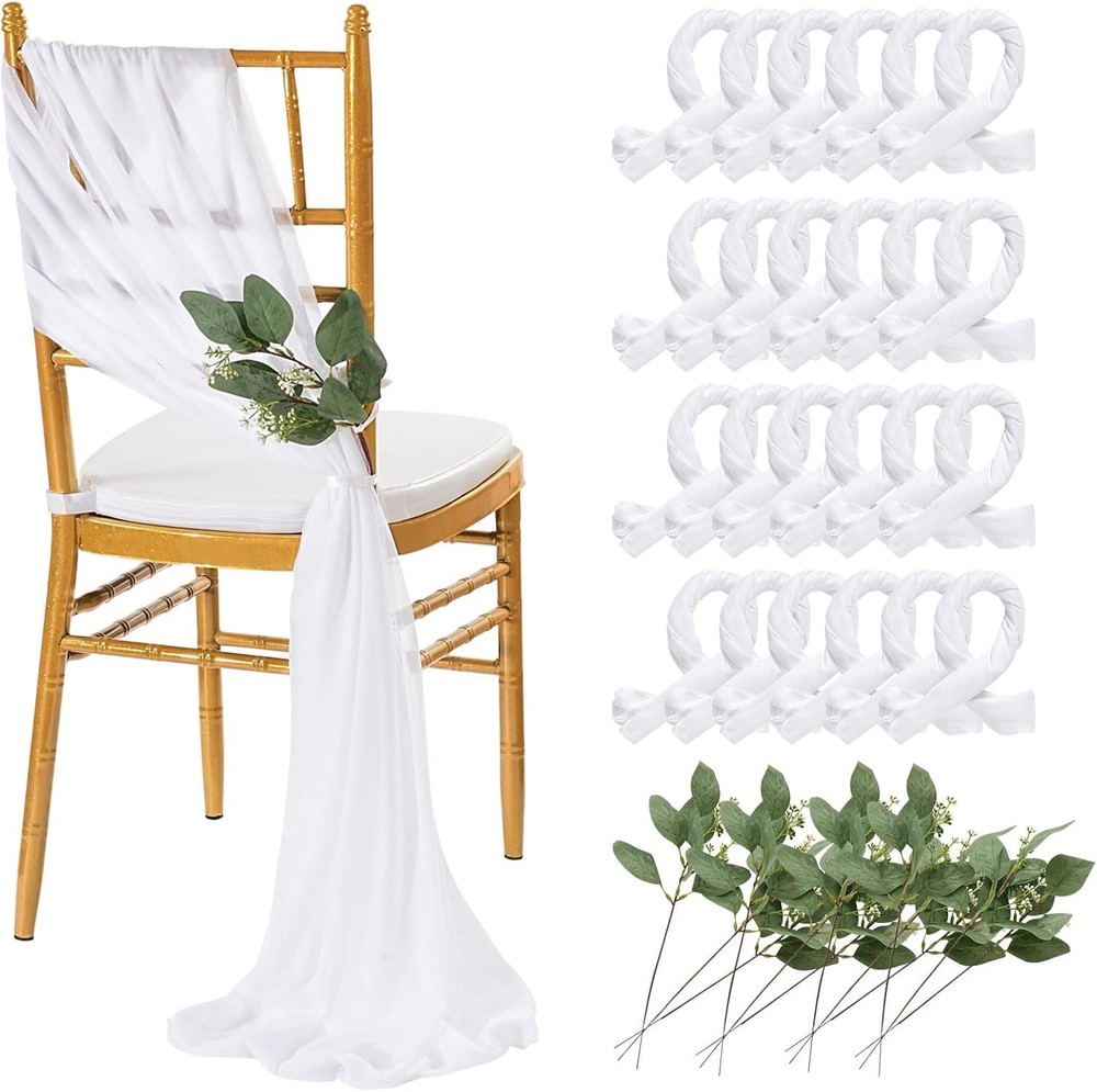 White Chair Sashes Wedding Aisle Decorations: 24 Packs 8ft Long Draping Fabric
