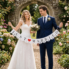 Just Married Banner Pre-Strung Wedding Banner Bunting Photo Booth Props Garland