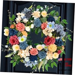 22 inch Spring Artificial Flowers Spring Summer Yellow Blue Rose Wreath