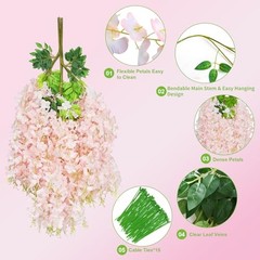 12 PCS Wisteria Hanging Flowers, 3.6ft Fake Wisteria Vines 12 Pack Light Pink