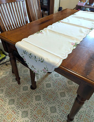 Heart of Roses Table Runner on Ivory, 16″x72″, Embroidered with End Tassels