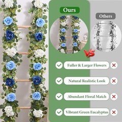 2Pcs 12 Ft Artificial Flower Garland Fake Rose Peony Floral Garland 2 Pcs Blue