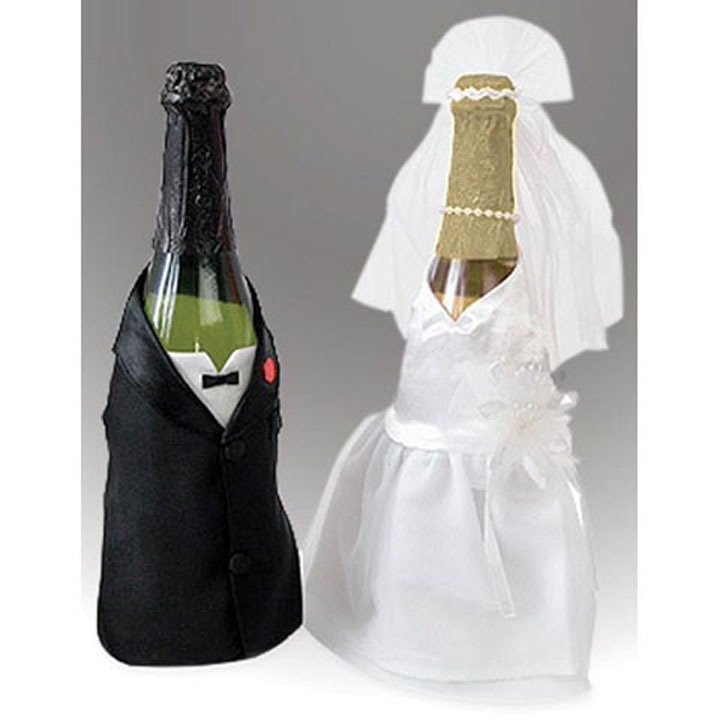 BRIDE AND GROOM WINE CHAMPAGNE BOTTLE COVERS SET OF 2 BY VICTORIA LYNN