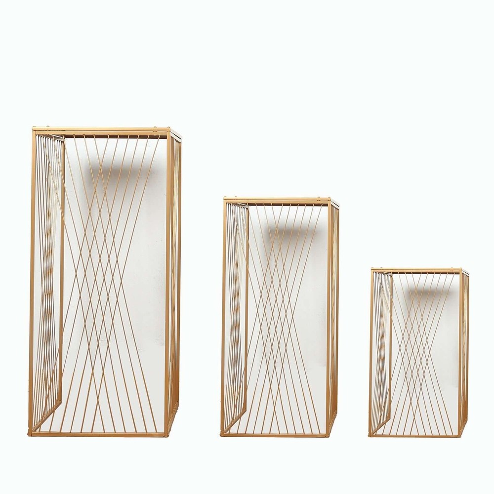 3 Gold Metal Pedestal Stands Geometric Crossed Lines Pattern Party Decorations