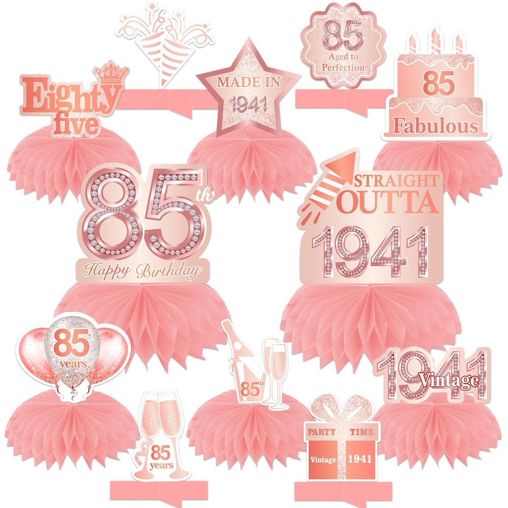Happy 85th Birthday Rose Gold Table Honeycomb Centerpieces Balloons Theme Dec…