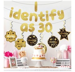 Funny Birthday Banner Gold Glitter, I Identify As 30 Banner