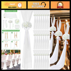 24 Set Wedding Chair Decorations – Chiffon Sashes with Ribbon Bows & Floral Aisl